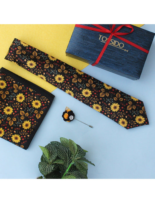 Black & Yellow Printed Necktie & Pocket Square Set - TOSSIDO
