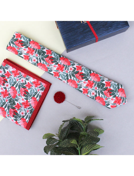 Red & Green Floral Necktie & pocket square giftset - TOSSIDO