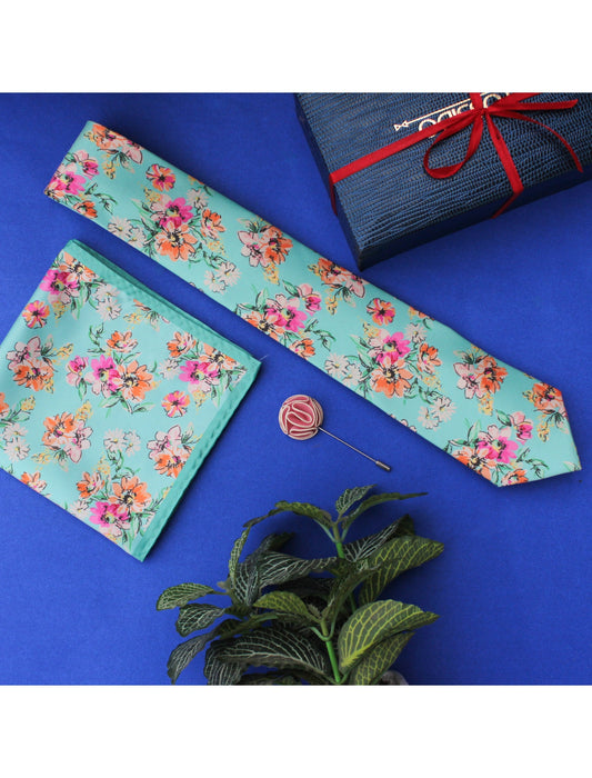 Sea Green Printed Necktie & Pocket Square Set - TOSSIDO