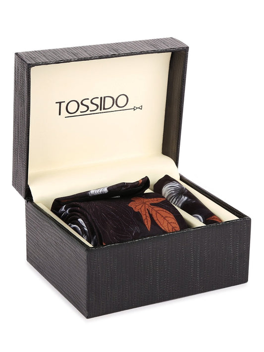 Black Base Printed Necktie & Pocket Square Set - TOSSIDO