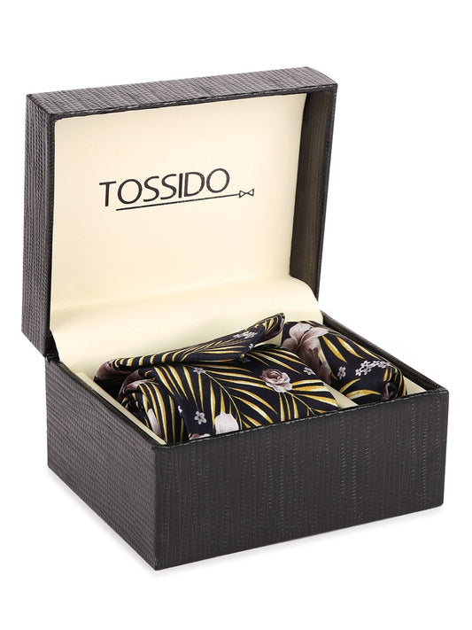 Black Base Printed Necktie & Pocket Square Set - TOSSIDO