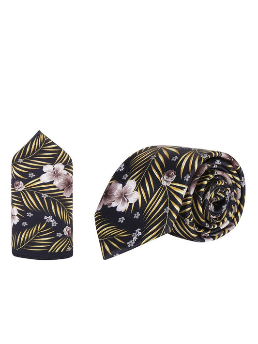 Black Base Printed Necktie & Pocket Square Set - TOSSIDO