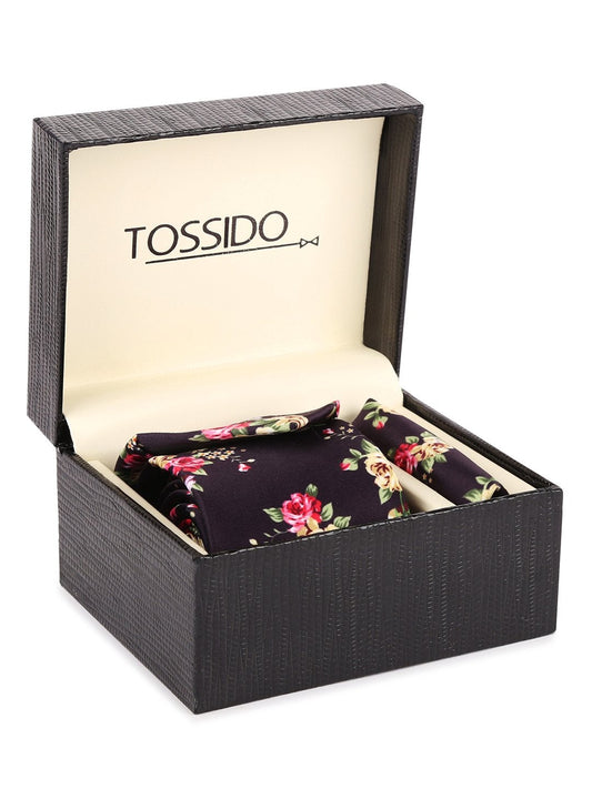 Black Base Printed Necktie & Pocket Square Set - TOSSIDO