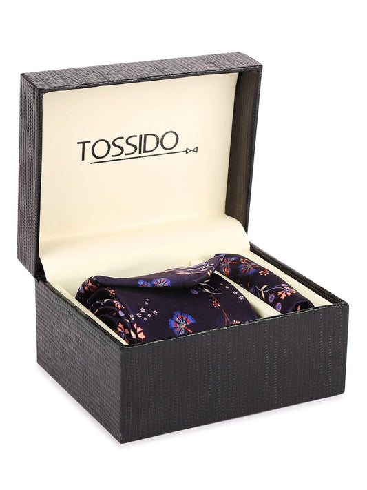 Purple Base Printed Necktie & Pocket Square Set - TOSSIDO